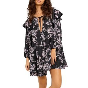Free People Sunbaked Ruffled Swing Dress Womens S Tiered Mini Black Floral NEW